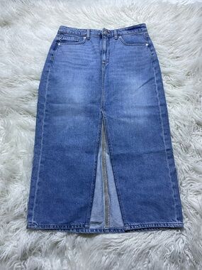 LOFT denim front-slit maxi skirt in a mid-to-light vintage indigo wash